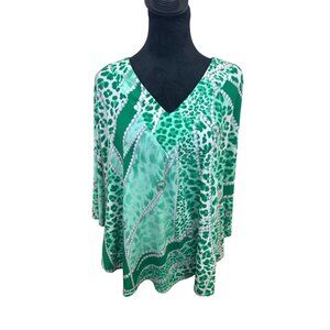 Vtg Simonton Says Women's L Green Leopard Flowy Dolman Sleeve Stretch Top V-Neck